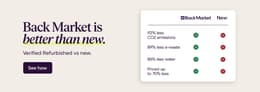 A Back Market ad compares verified refurbished tech deals to new: refurbished phones and laptops offer 92% less CO2, 89% less e-waste, 86% less water use, and cost up to 70% less, with checkmarks for refurbished and crosses for new. Click to know more.